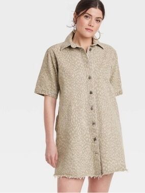 Universal Thread Button-Front Mini Denim Shirt Dress in a Faded Olive Color - L